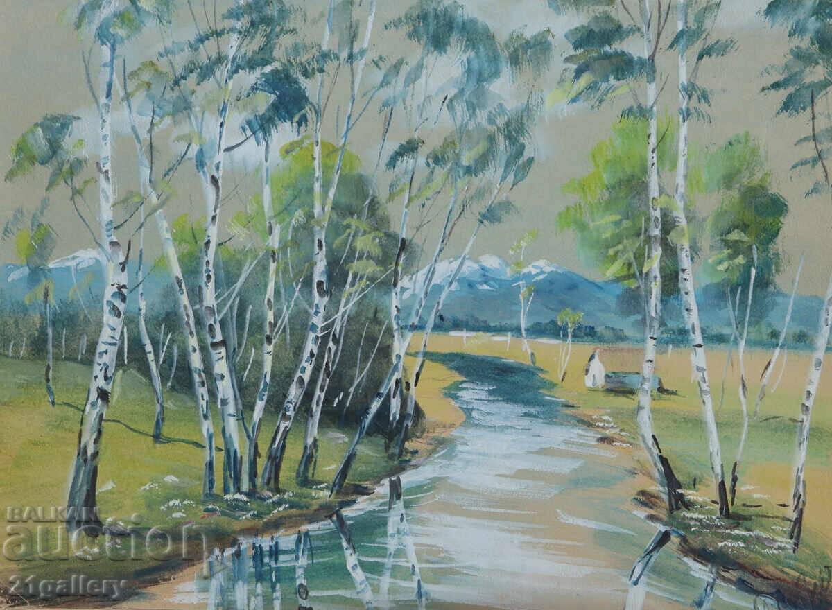 Old painting of a spring mountain landscape