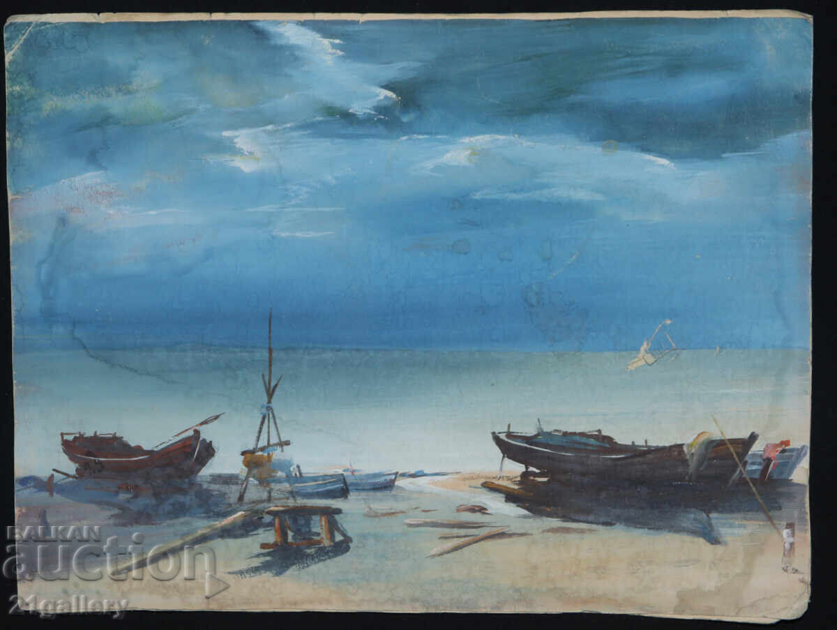 Стара картина морски пейзаж с лодки с цена 300.00 лв. | € 153.39