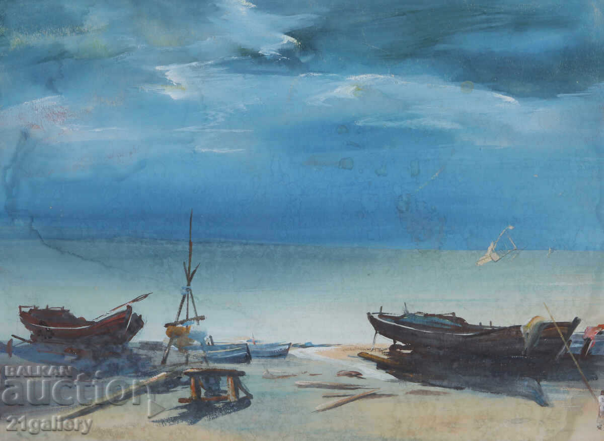Аукцион Стара картина морски пейзаж с лодки