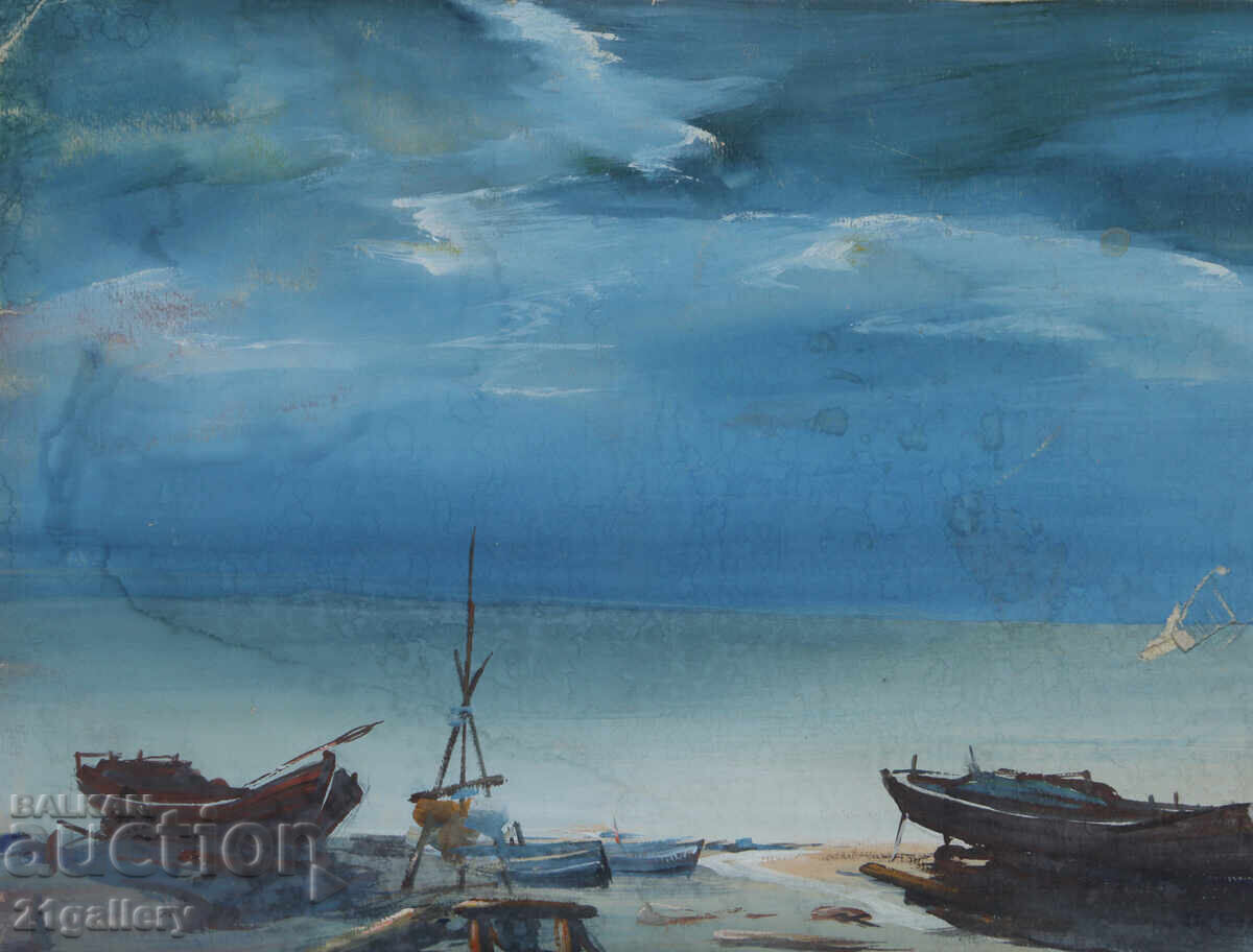 Доставка на Стара картина морски пейзаж с лодки