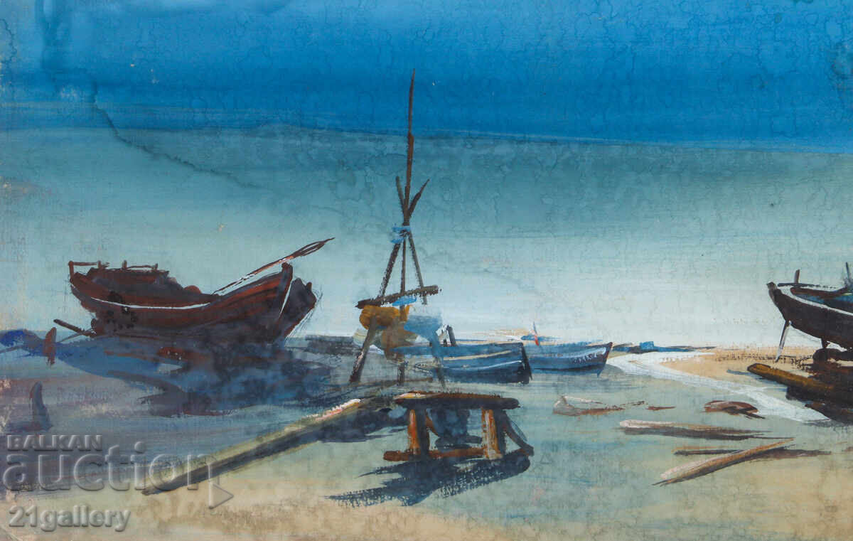 Стара картина морски пейзаж с лодки - 5