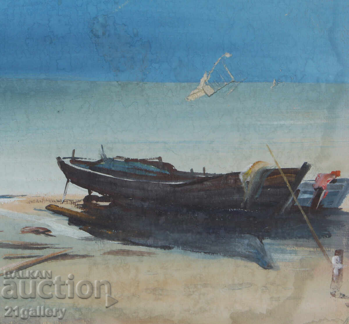 Стара картина морски пейзаж с лодки - 6