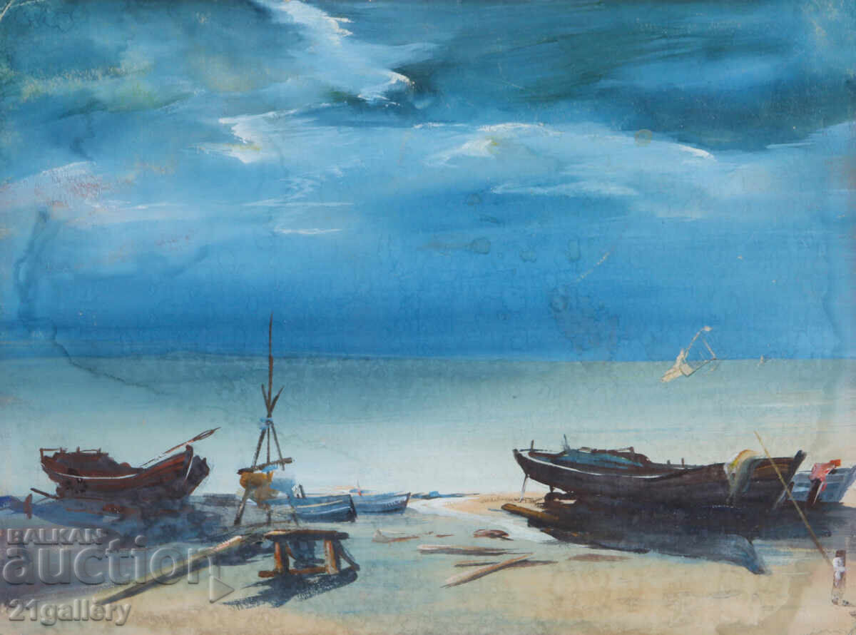 Стара картина морски пейзаж с лодки