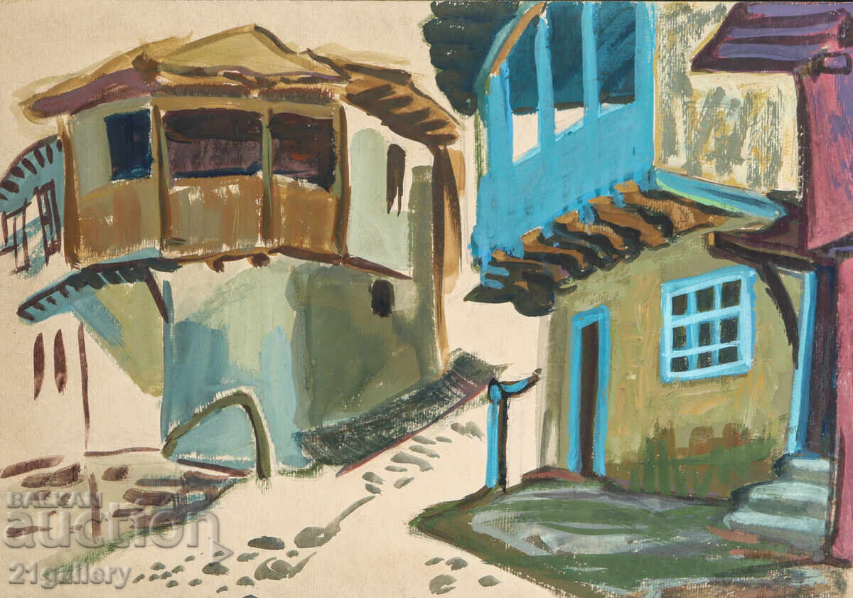 Pictură veche, culori tempera, casă de renaștere, stradă cu preț 300.00 BGN | € 153.39