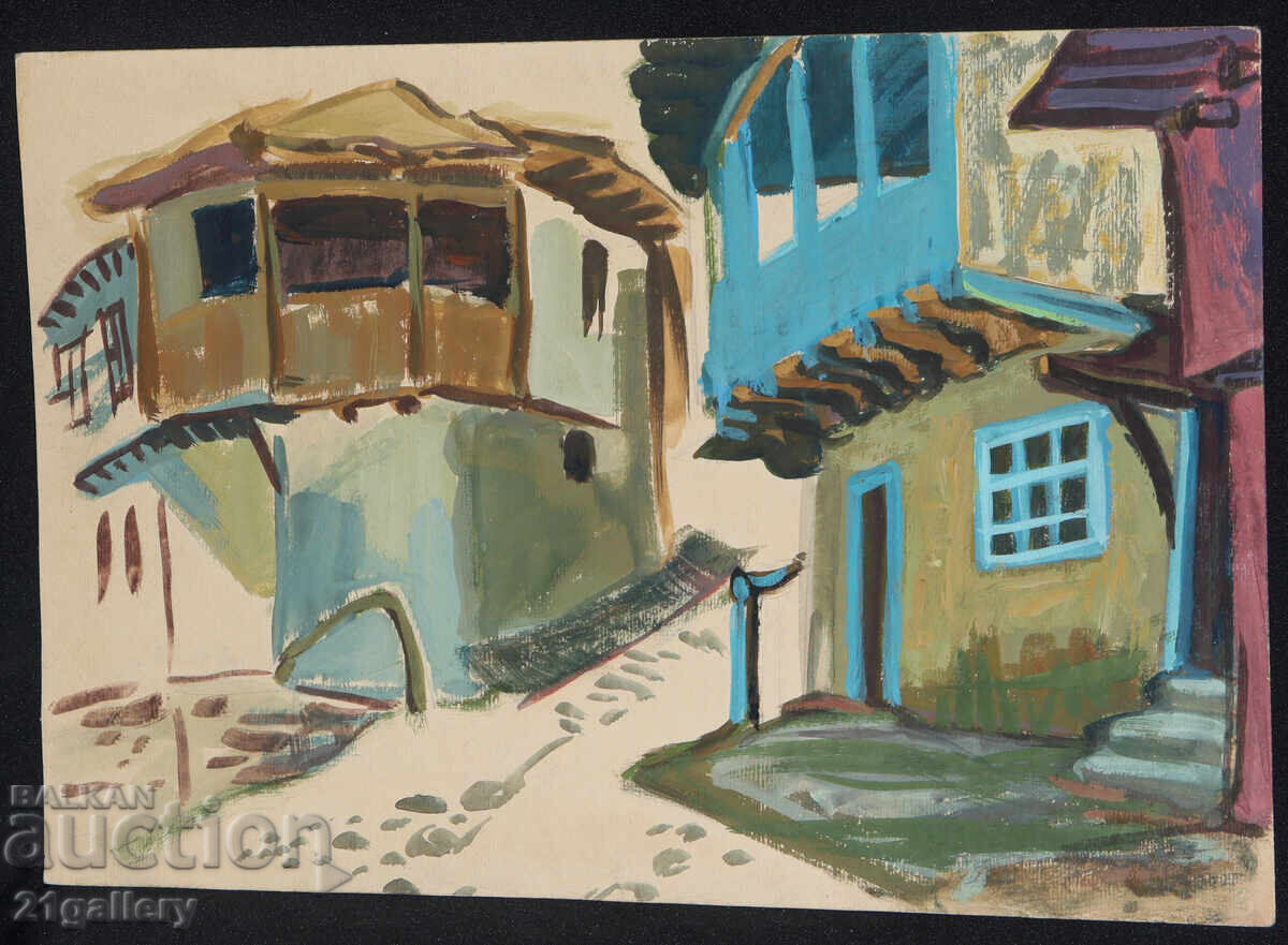 Licitație Pictură veche, culori tempera, casă de renaștere, stradă