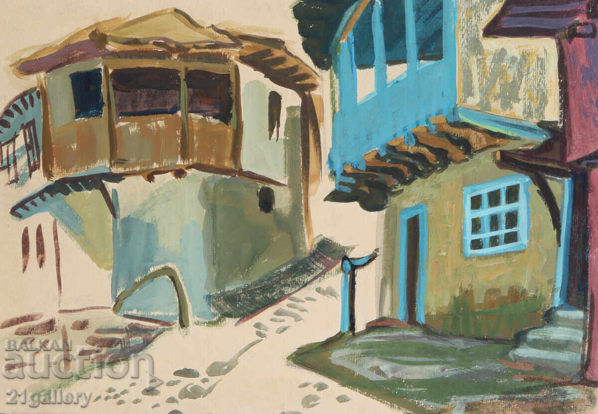 Pictură veche, culori tempera, casă de renaștere, stradă