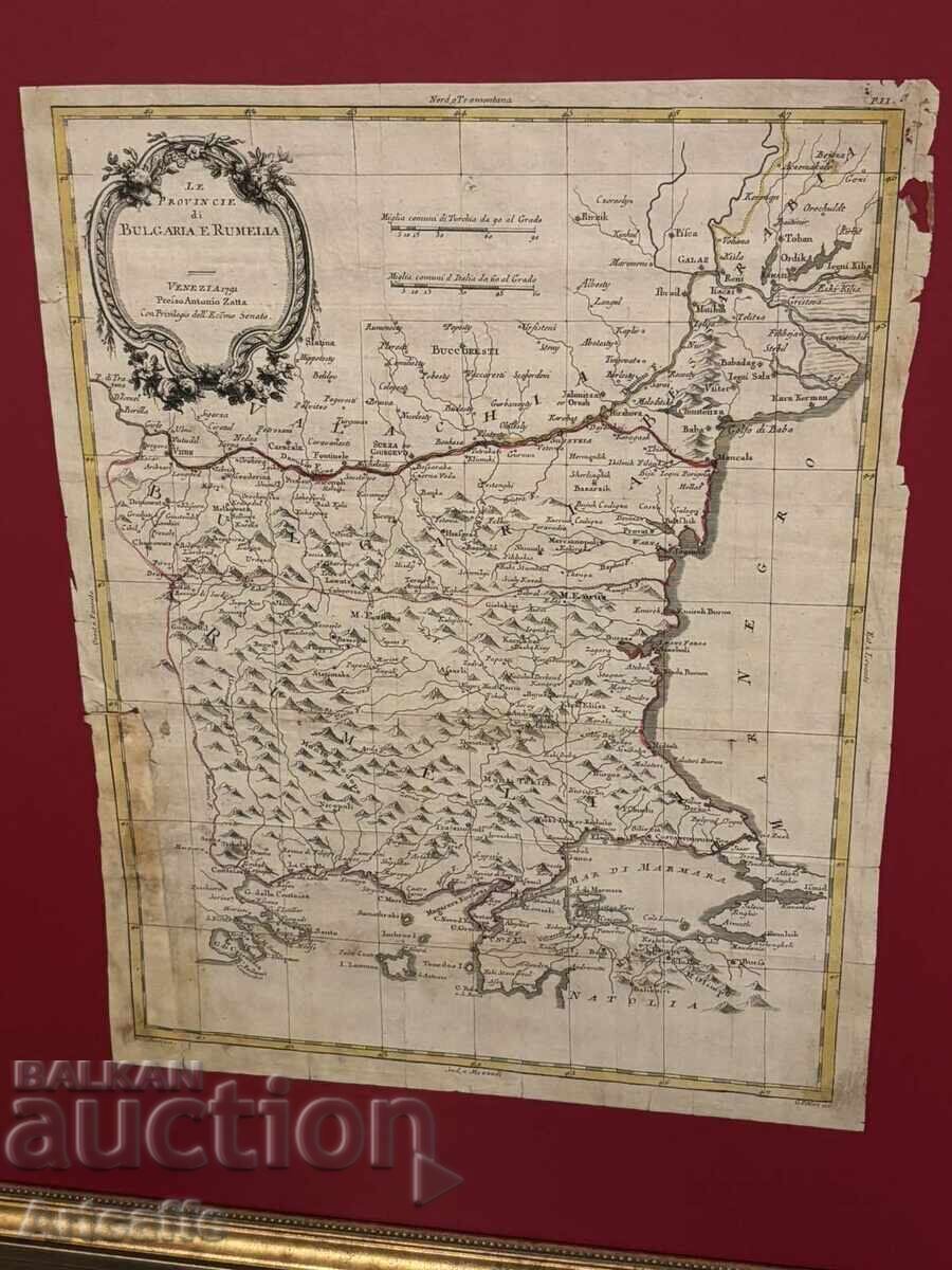 Гравюра офорт с колориране, карта на България от 1791 с цена € 207.07 | 404.99 лв.