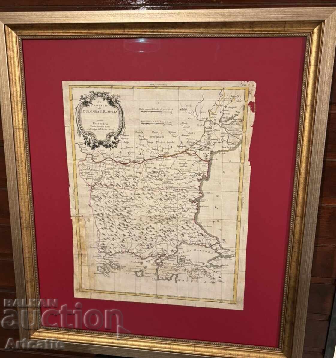 Гравюра офорт с колориране, карта на България от 1791