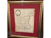 Etching engraving with coloring, map of Bulgaria from 1791