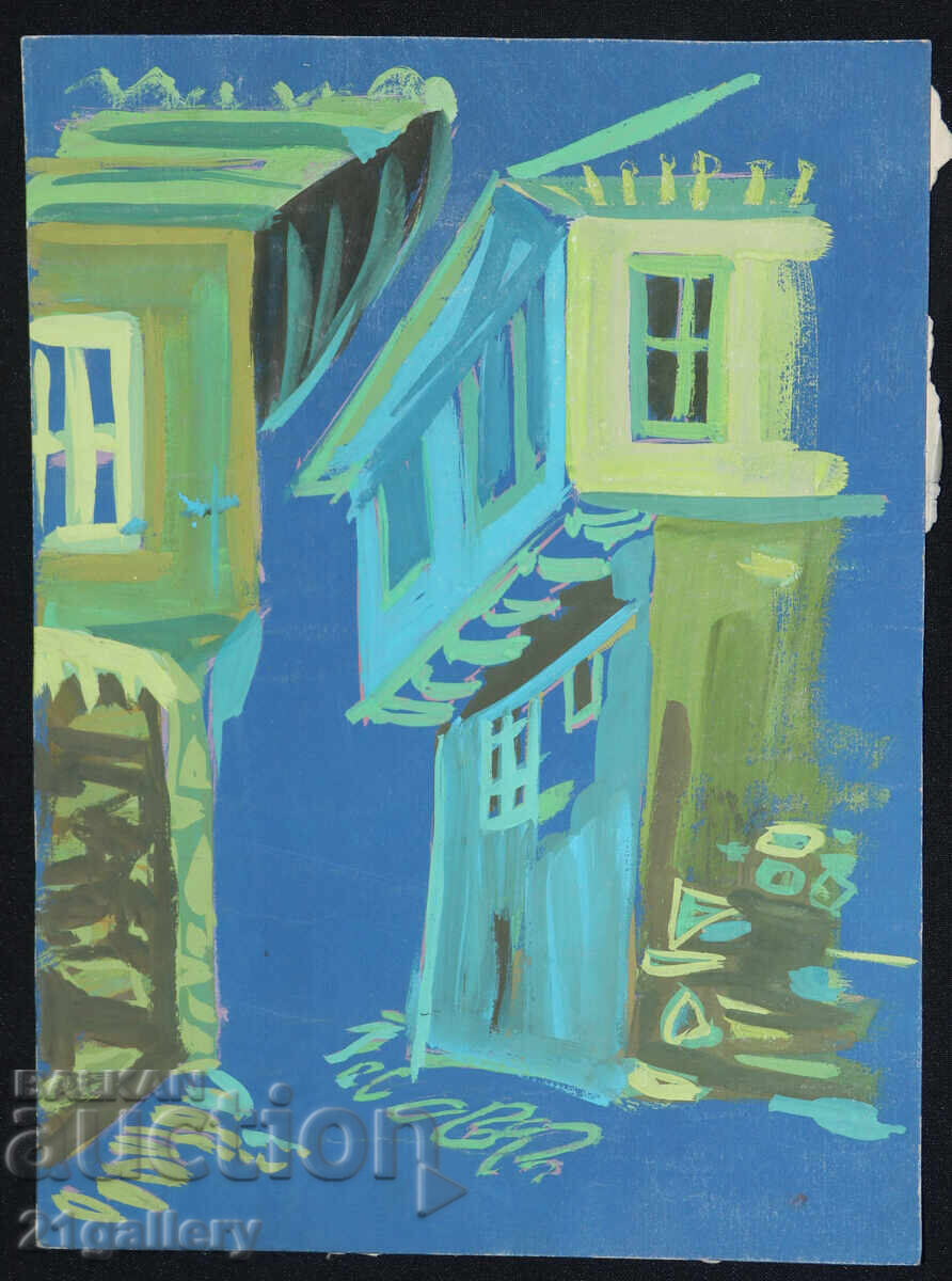 Old painting, tempera paints, Revival house with price 280.00 BGN | € 143.16