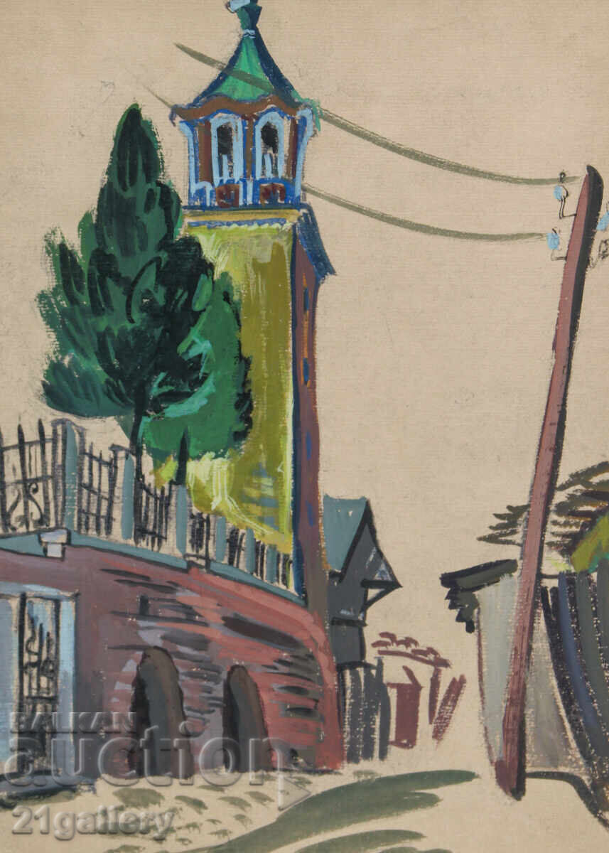 Auction Old painting, tempera paints, cityscape Auction Old painting, tempera paints, cityscape