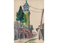 Old painting, tempera paints, cityscape