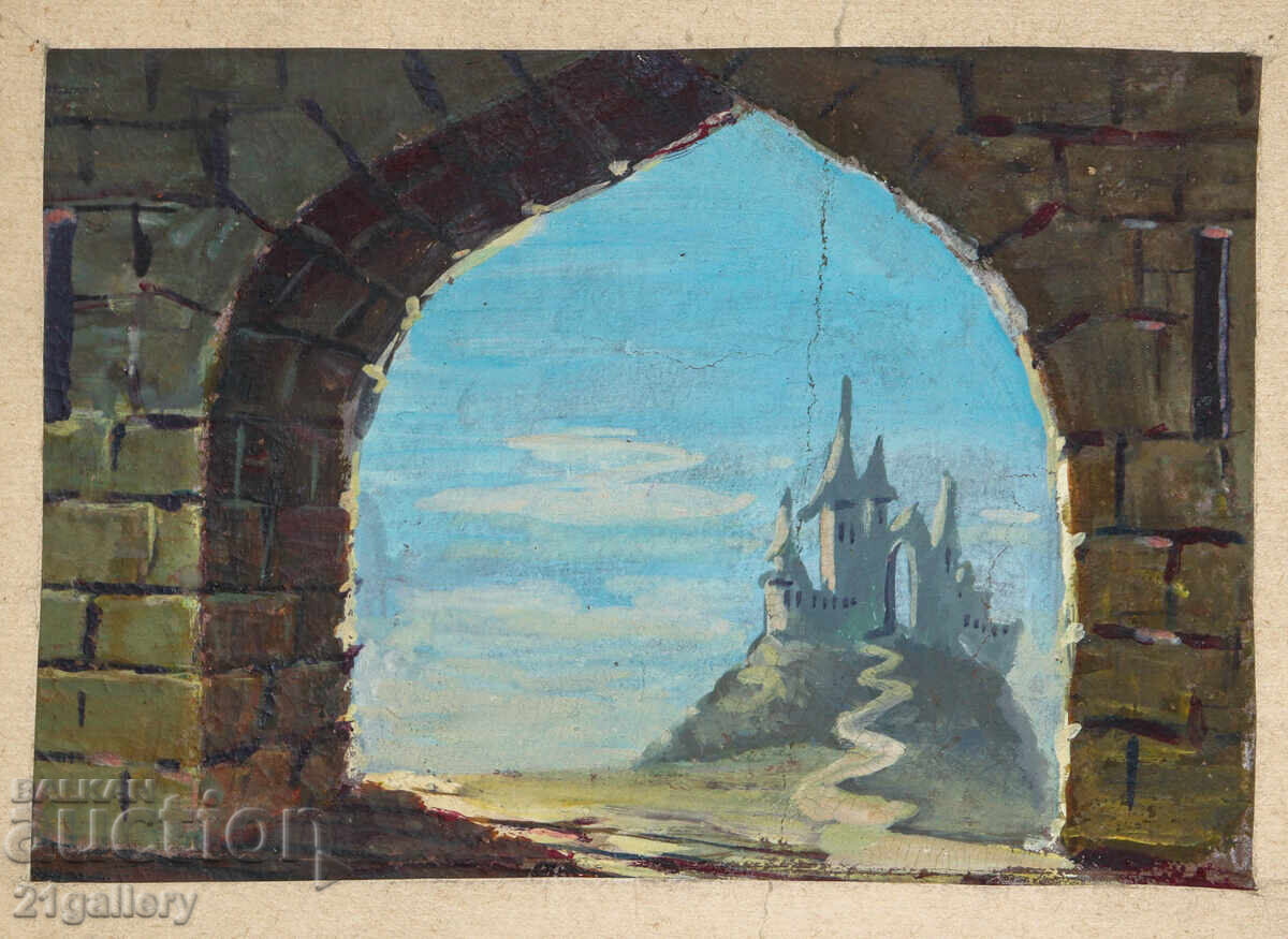 Old painting, tempera paints, landscape