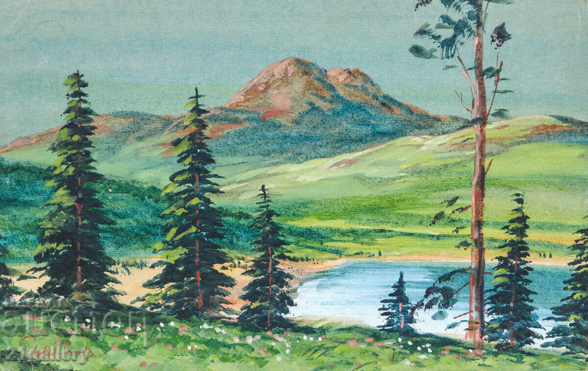 Δημοπρασία Παλιός πίνακας ακουαρέλας ανοιξιάτικου ορεινού τοπίου