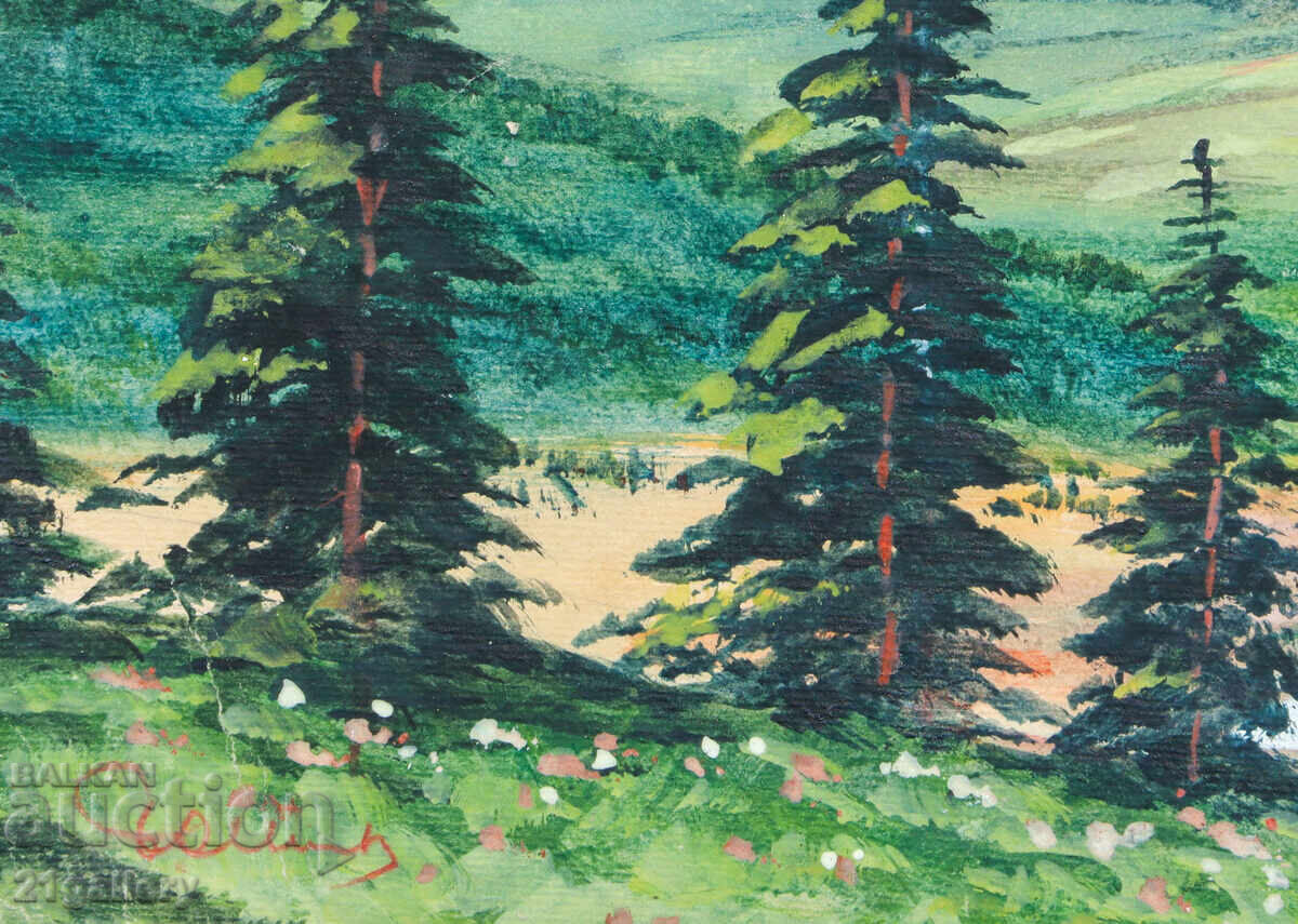 Παράδοση Παλιός πίνακας ακουαρέλας ανοιξιάτικου ορεινού τοπίου