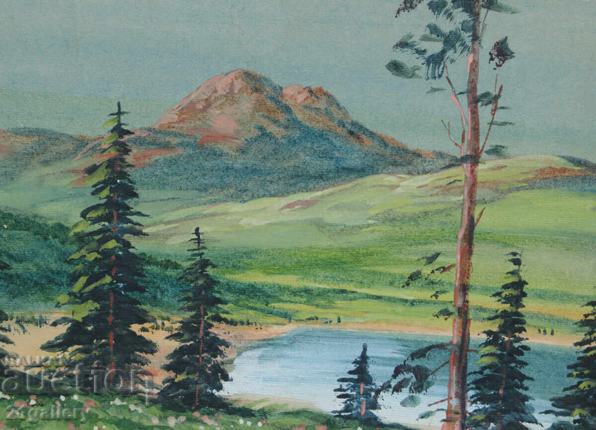 Παλιός πίνακας ακουαρέλας ανοιξιάτικου ορεινού τοπίου - 5