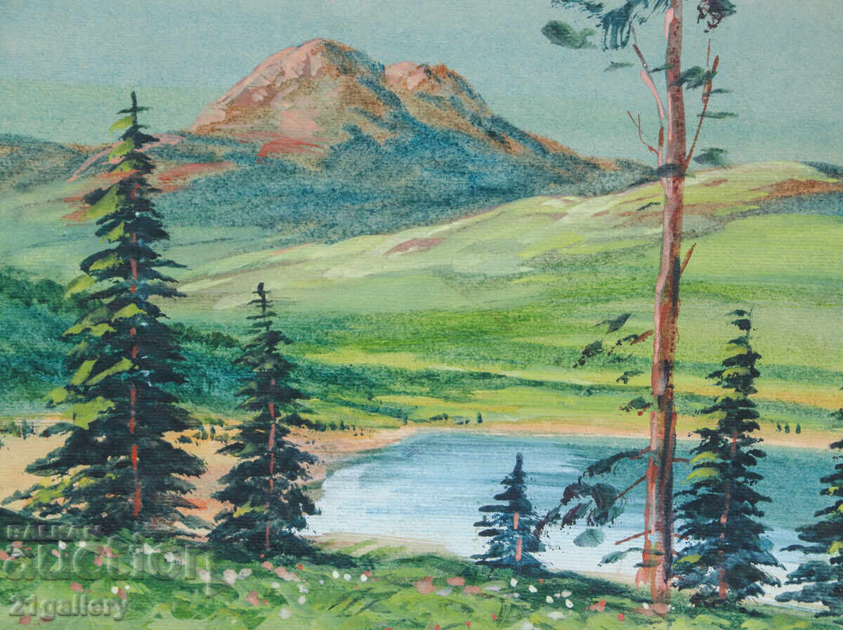 Παλιός πίνακας ακουαρέλας ανοιξιάτικου ορεινού τοπίου - 6