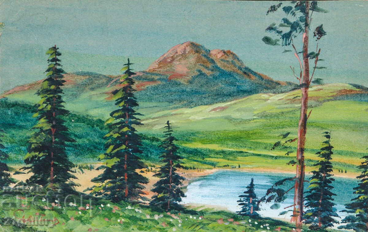 Παλιός πίνακας ακουαρέλας ανοιξιάτικου ορεινού τοπίου