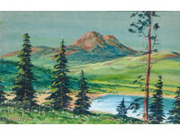 Old watercolor painting of a spring mountain landscape