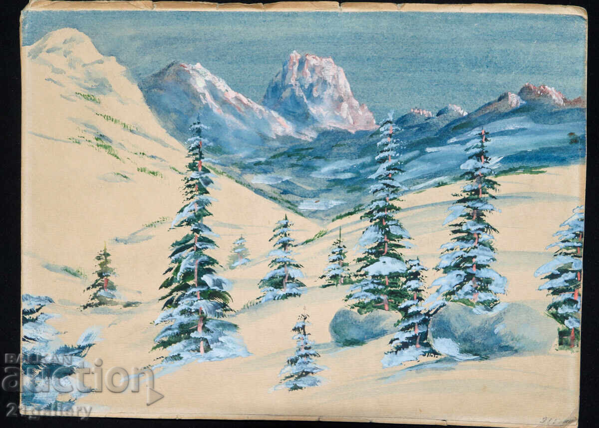 Παλιός πίνακας ακουαρέλα χειμερινό ορεινό τοπίο με τιμή 350.00 BGN | € 178.95