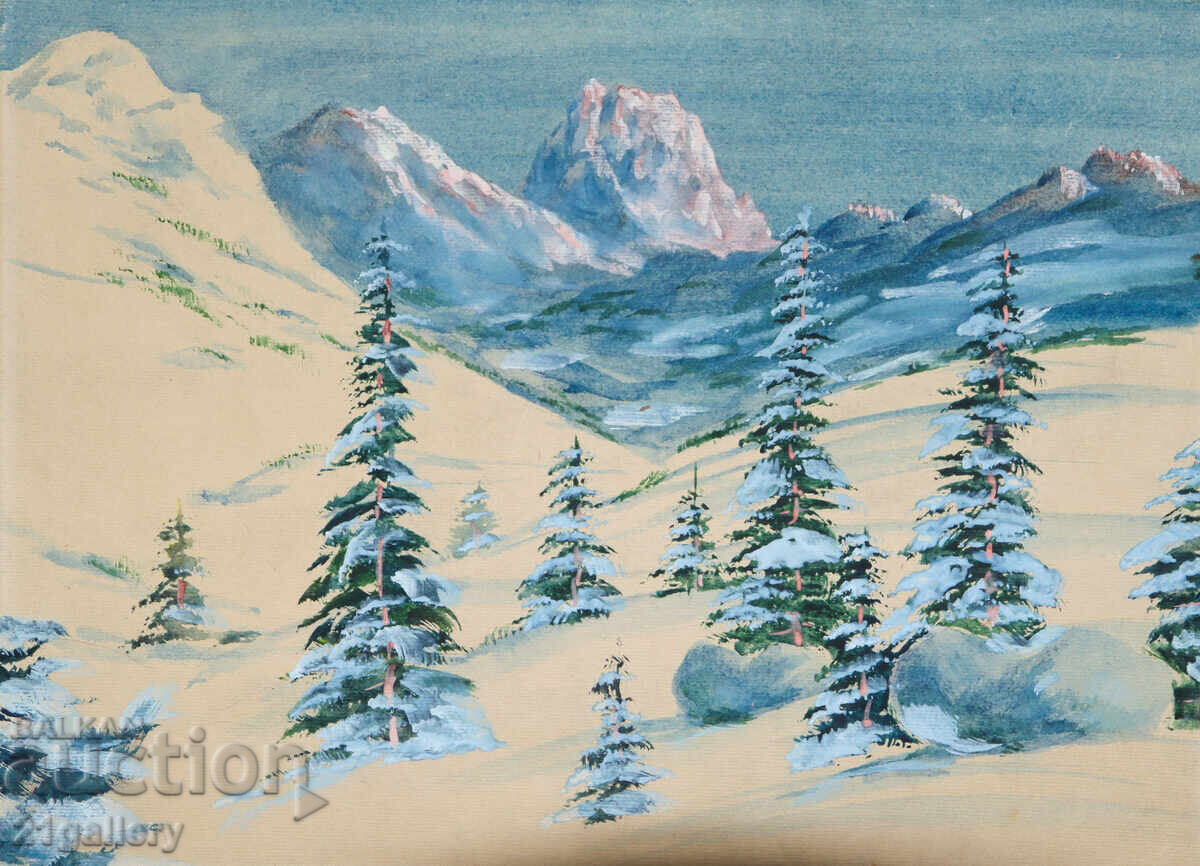 Παράδοση Παλιός πίνακας ακουαρέλα χειμερινό ορεινό τοπίο