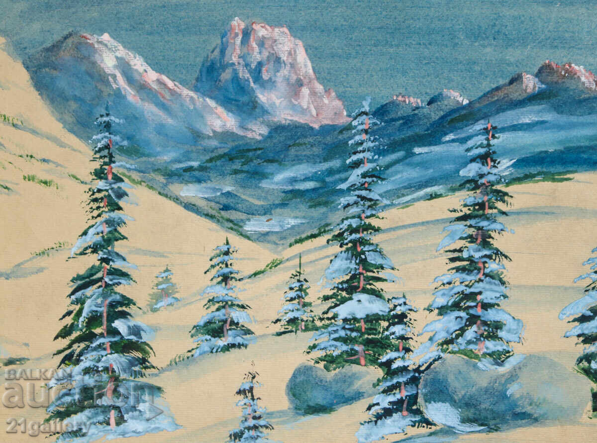 Παλιός πίνακας ακουαρέλα χειμερινό ορεινό τοπίο - 5