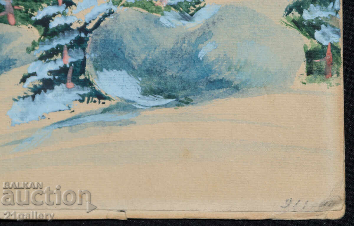 Παλιός πίνακας ακουαρέλα χειμερινό ορεινό τοπίο - 6
