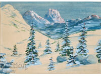 Old watercolor painting, winter mountain landscape