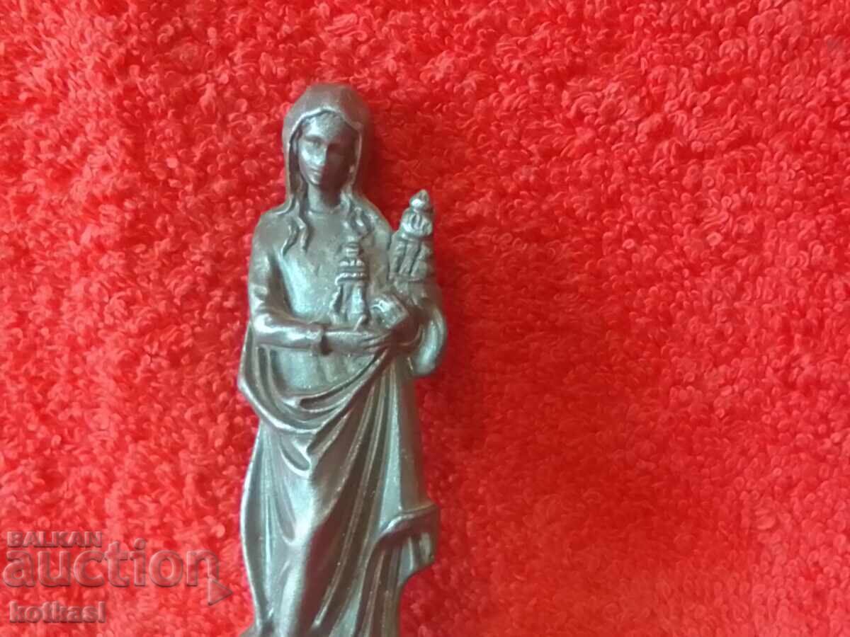 Licitație Veche figurină metalică din aluminiu, țam, Femeie Mamă, Fecioara Maria