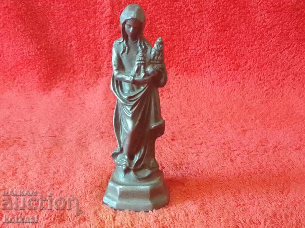 Veche figurină metalică din aluminiu, țam, Femeie Mamă, Fecioara Maria