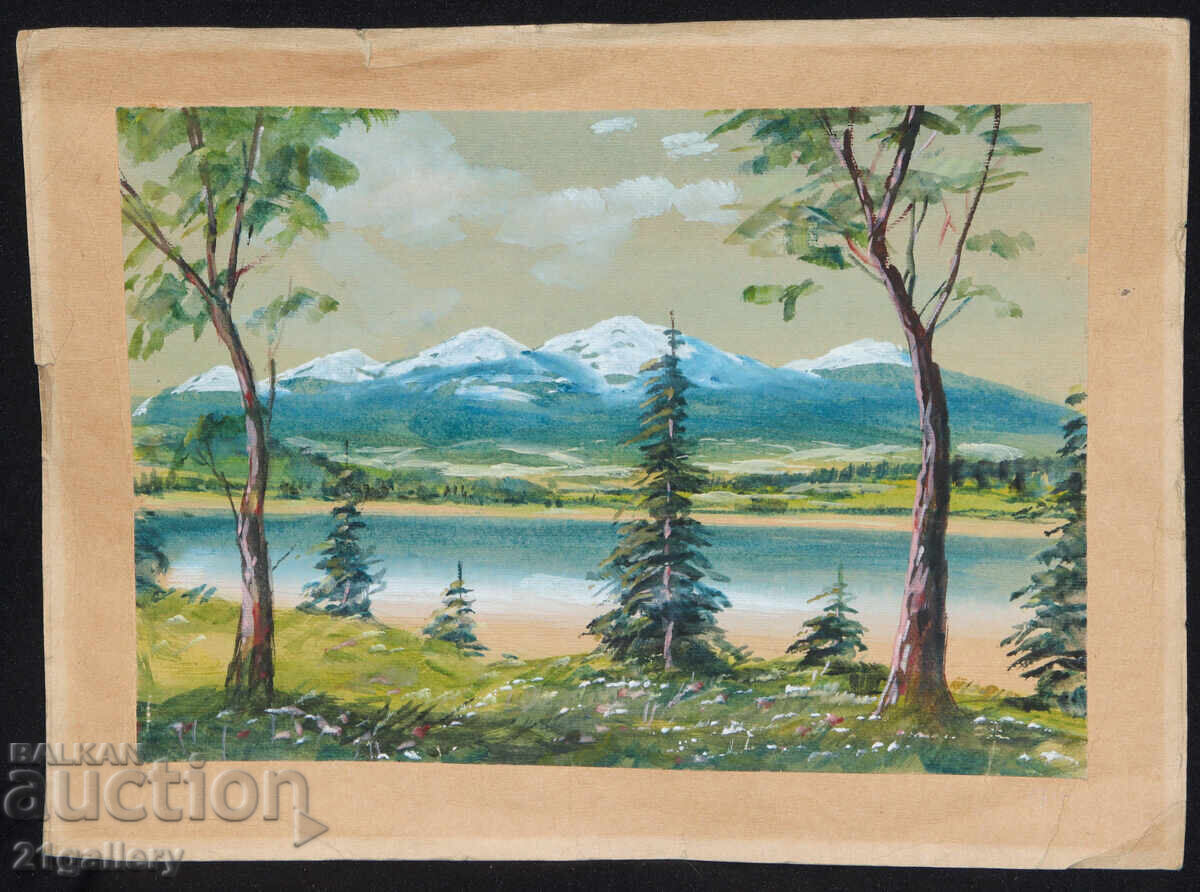 Παλιός πίνακας ακουαρέλας ανοιξιάτικου ορεινού τοπίου με τιμή 300.00 BGN | € 153.39