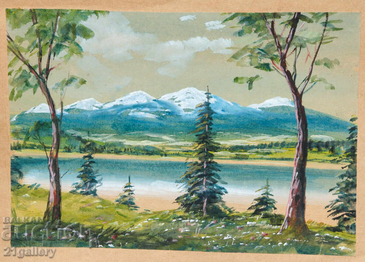 Δημοπρασία Παλιός πίνακας ακουαρέλας ανοιξιάτικου ορεινού τοπίου