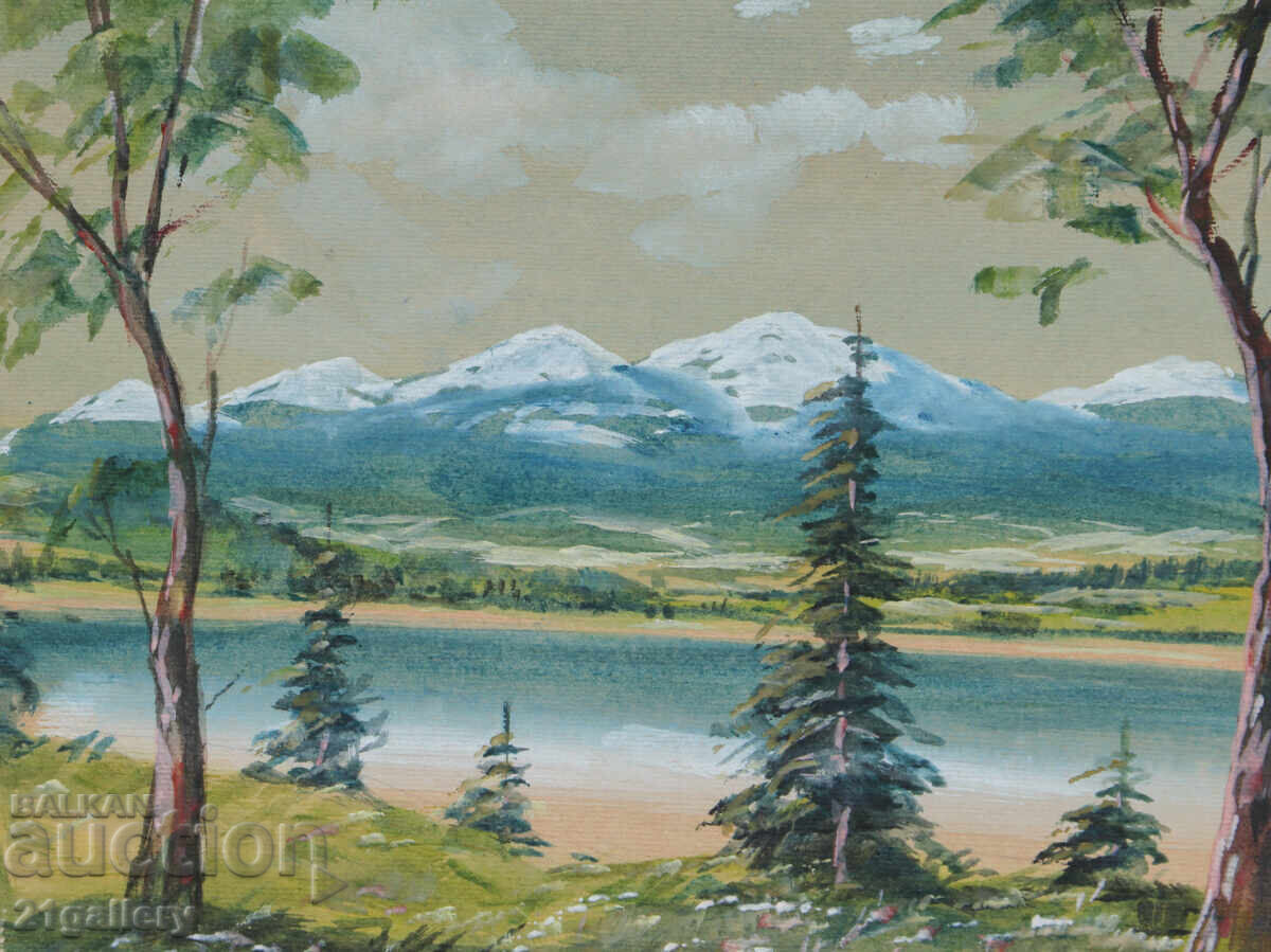 Παράδοση Παλιός πίνακας ακουαρέλας ανοιξιάτικου ορεινού τοπίου