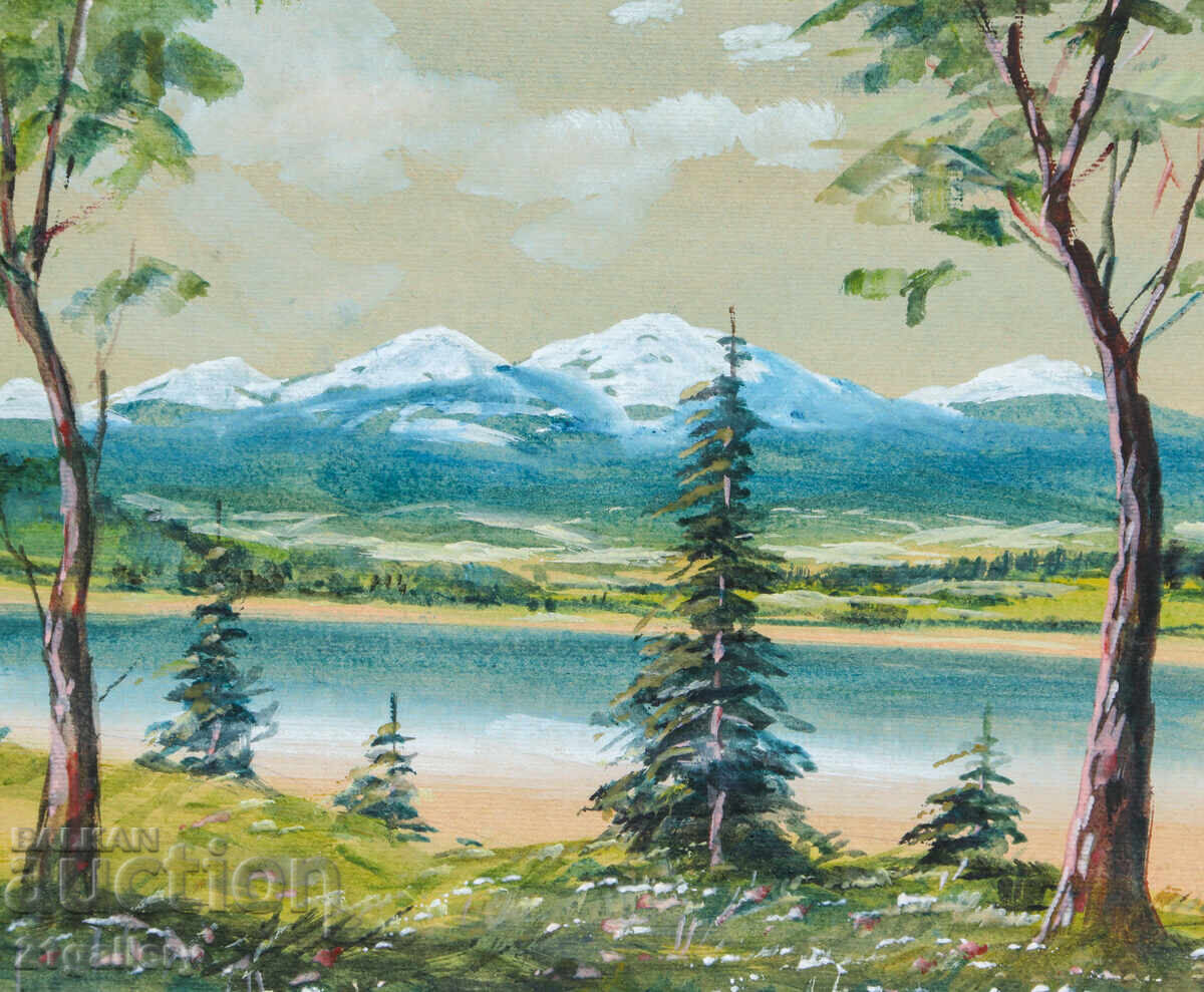 Παλιός πίνακας ακουαρέλας ανοιξιάτικου ορεινού τοπίου - 5