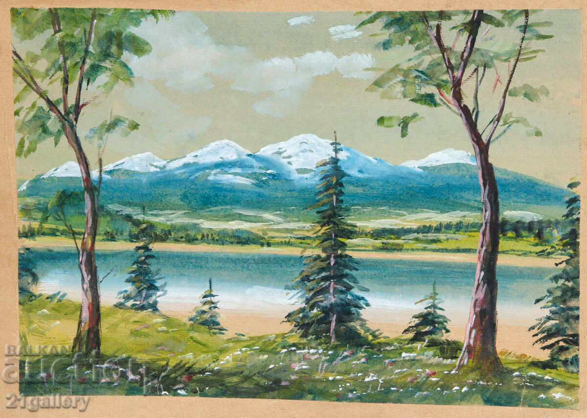 Παλιός πίνακας ακουαρέλας ανοιξιάτικου ορεινού τοπίου