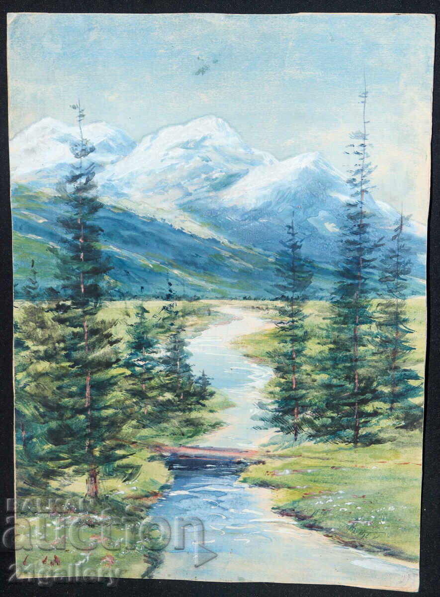 Old watercolor painting of a spring mountain landscape with price 400.00 BGN | € 204.52