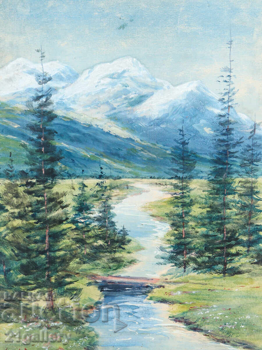Auction  Old watercolor painting of a spring mountain landscape