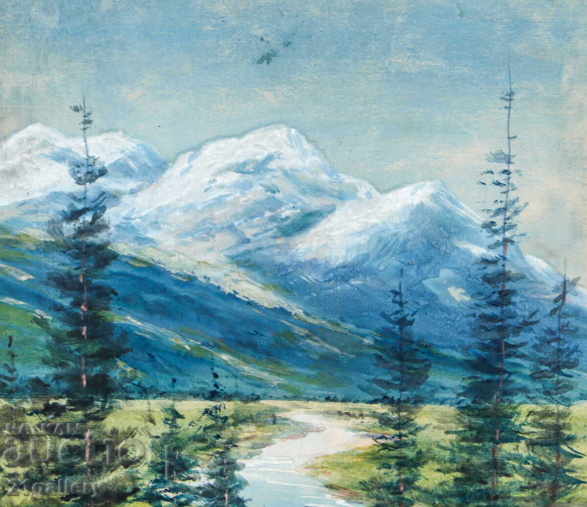 Delivery of Old watercolor painting of a spring mountain landscape