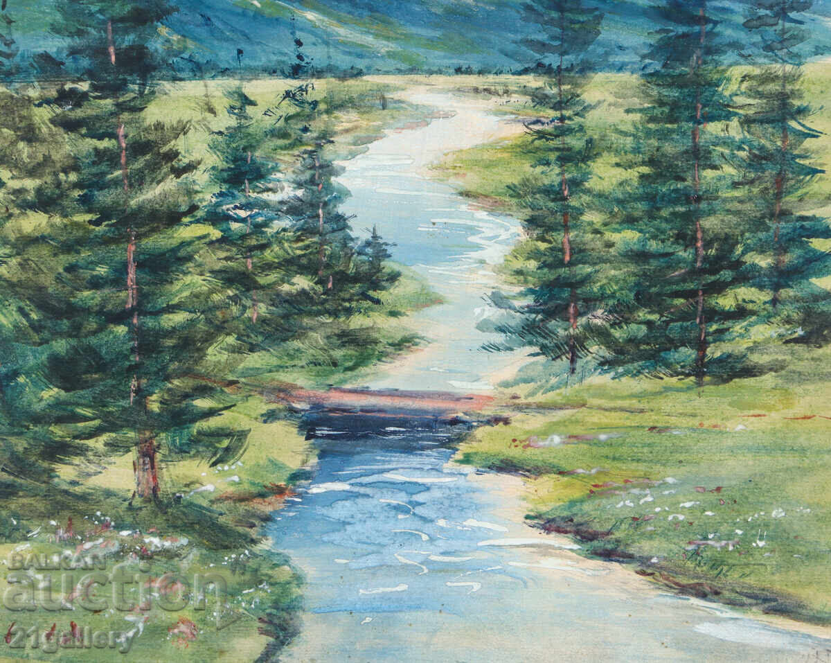 Old watercolor painting of a spring mountain landscape - 5