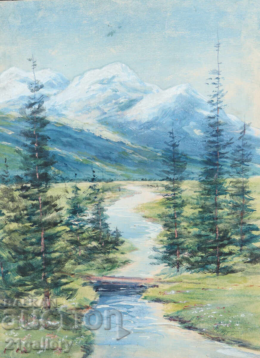 Old watercolor painting of a spring mountain landscape