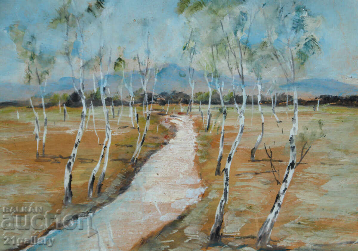 Стара картина акварел пролетен планински пейзаж - 5