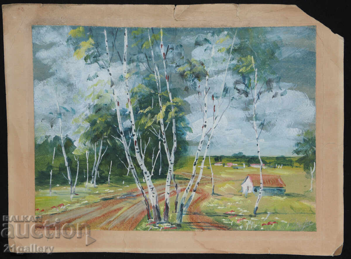 Παλιός πίνακας ακουαρέλας ανοιξιάτικου τοπίου με τιμή 400.00 BGN | € 204.52