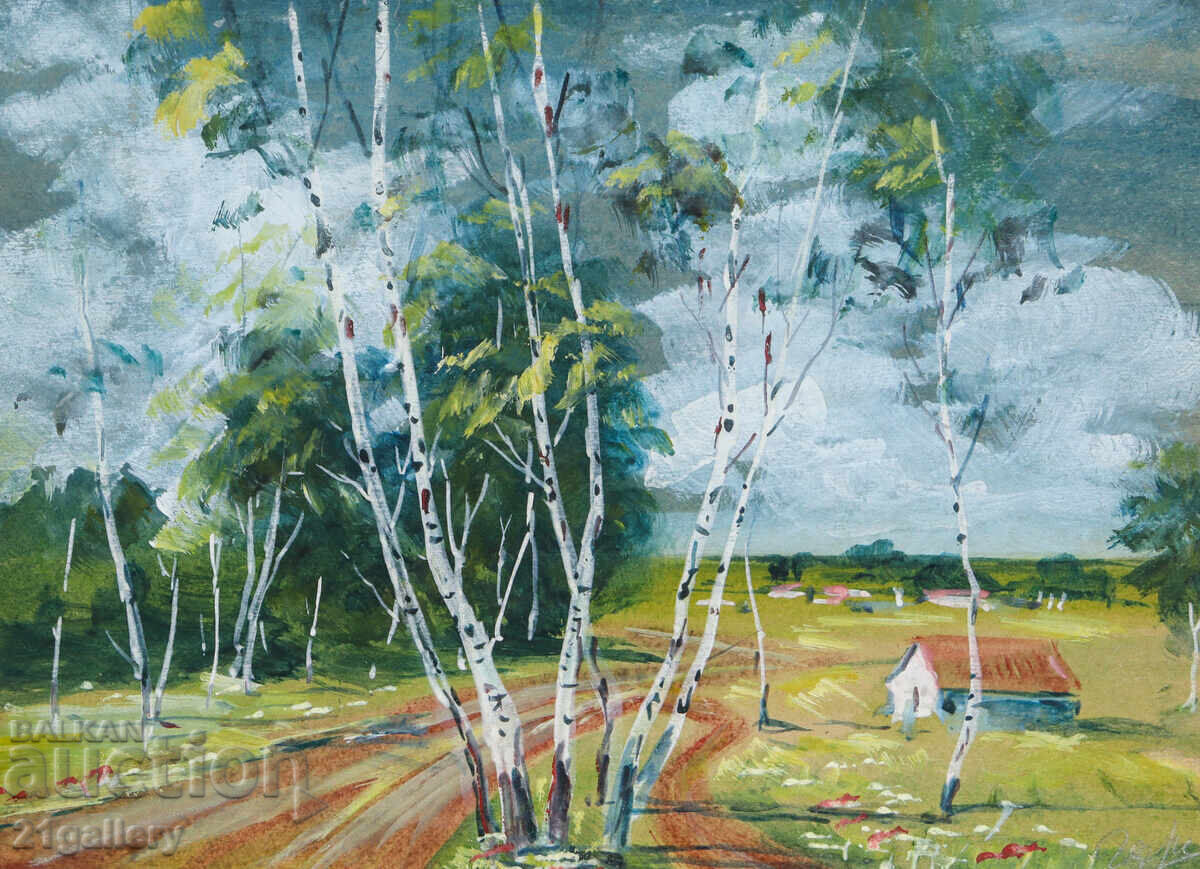 Παλιός πίνακας ακουαρέλας ανοιξιάτικου τοπίου