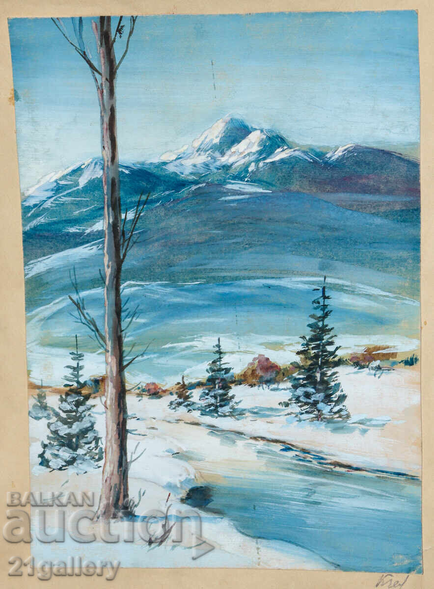 Old watercolor painting, winter mountain landscape with price 350.00 BGN | € 178.95