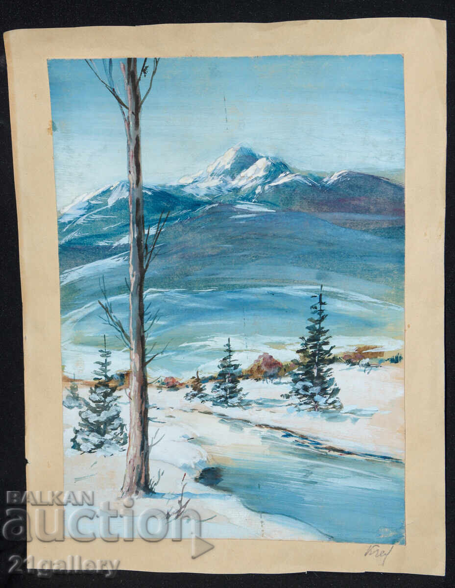 Auction  Old watercolor painting, winter mountain landscape