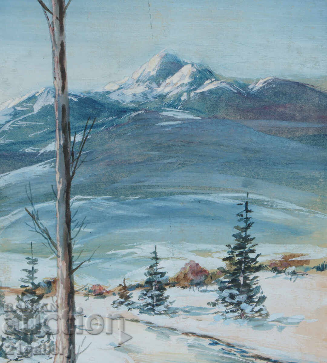 Delivery of Old watercolor painting, winter mountain landscape