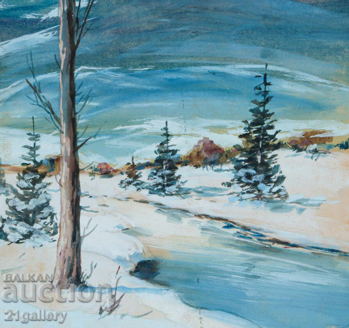 Old watercolor painting, winter mountain landscape - 5