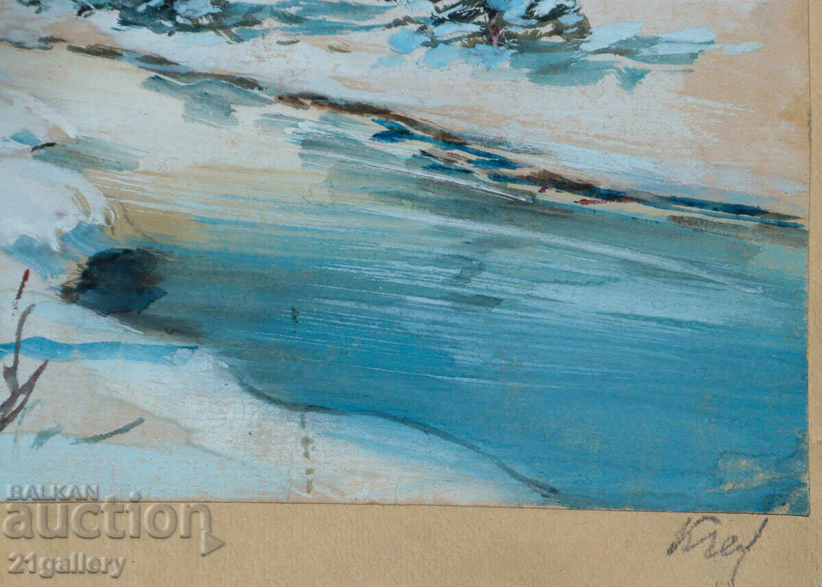 Old watercolor painting, winter mountain landscape - 6