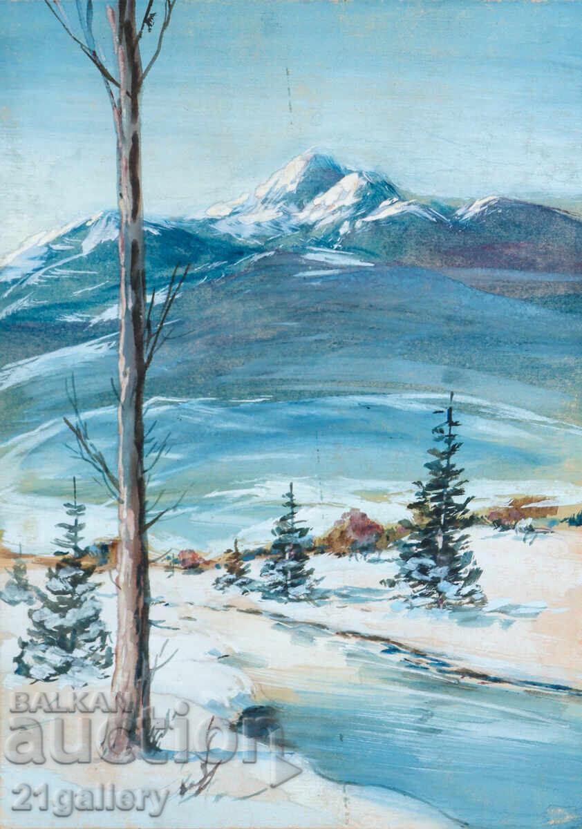 Old watercolor painting, winter mountain landscape