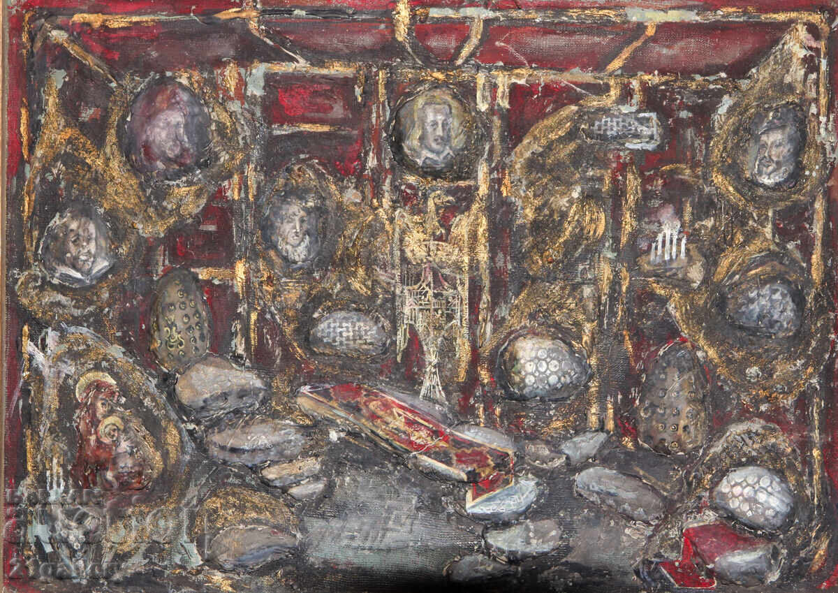 Tablou compoziție abstractă uleiuri colaj cu preț 520.00 BGN | € 265.87